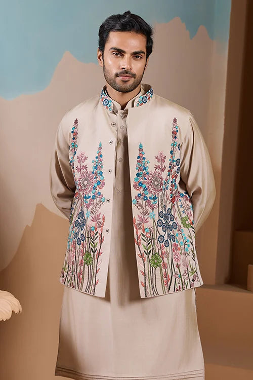 Elegant Fashionable Beige Koti Kurta Set for Mens Wear