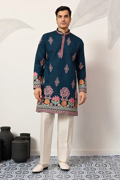 Indian Wedding Style Exclusive Teal Blue Kurta For Mens