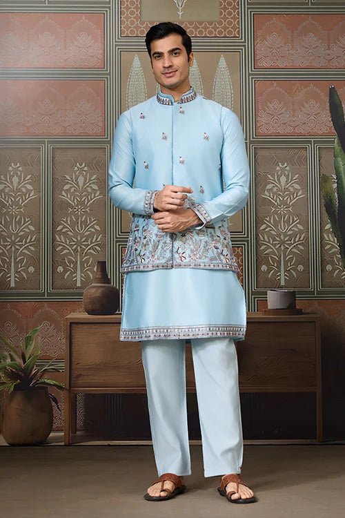 Sky Blue Embroidered Silk Koti Kurta Set for Mens