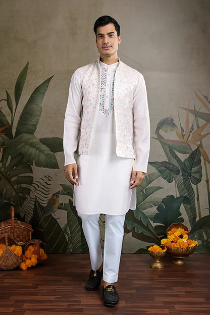 Designer White Kurta & Open Koti For Men