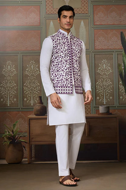 Classic White Mens Kurta Pajama With Stylish Purple Koti