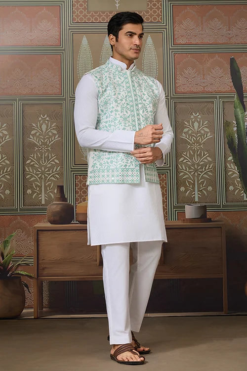 Wedding White Kurta Pajama with Green Koti Style