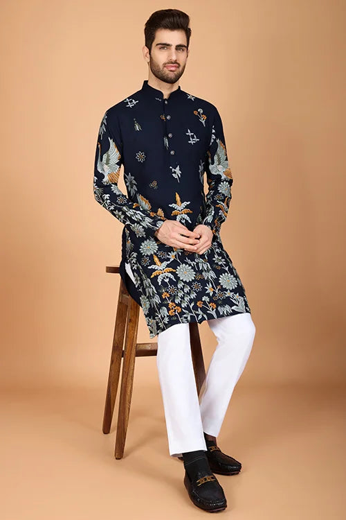 Navy Blue Traditional Look Ethnic Wear Kurta For Men