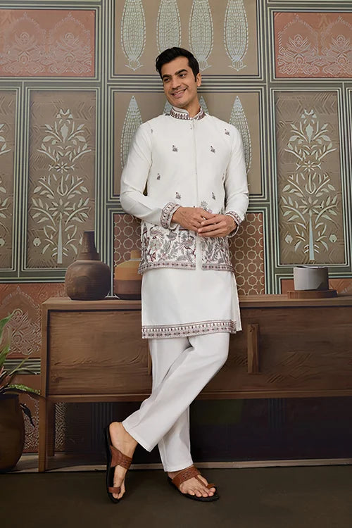 Latest Embroidered Designer White Koti Kurta Set for Mens