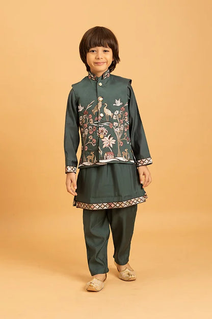 Party & Wedding Special Stylish Green Koti Kurta Set for Kids