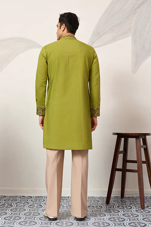 Classic Wedding Fluorescent Green Mens Wear Kurta With Dupatta