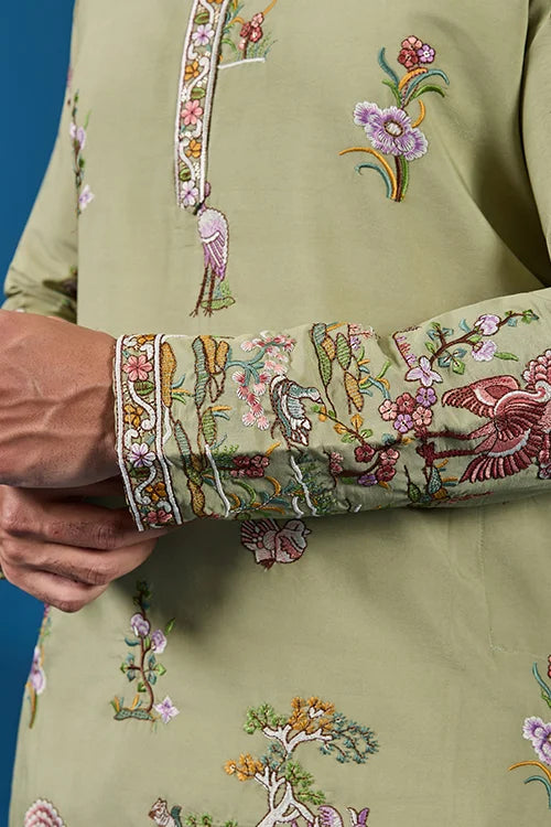 Traditional Pista Green Embroidered Kurta for Men