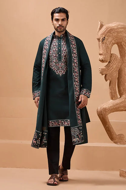 Perfect Green Festival Special Kurta with Dupatta for Mens
