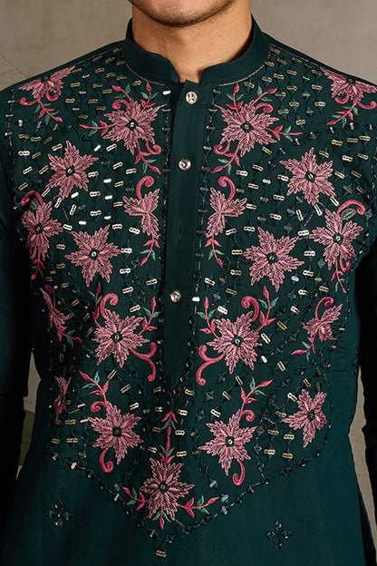 Party Look Green Mirror Embroidered Kurta Set for Men