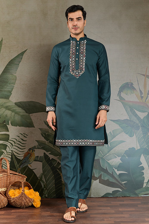 Green Open Koti Style Kurta Pajama Set For Men