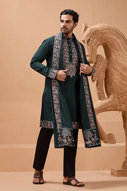 Perfect Green Festival Special Kurta with Dupatta for Mens
