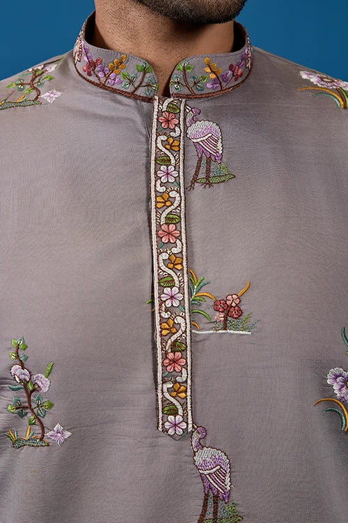 Classy Grey Embroidered Mens Kurta for Wedding Events