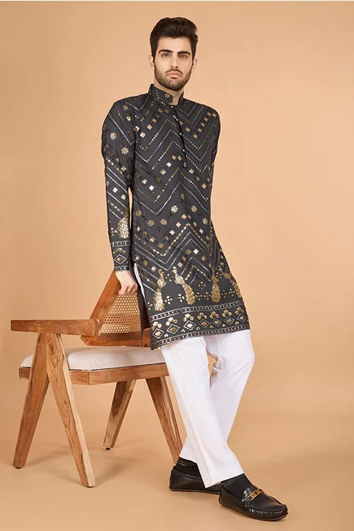 Traditional Cement Grey Silk Kurta With Thread Work
