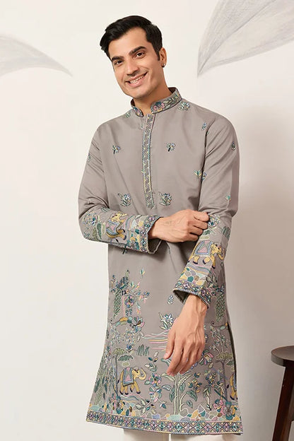 Wedding Traditional Look Grey Kurta for Mens Wear