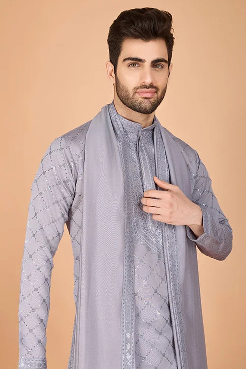 Designer Gray Silk Kurta For Men – Elegant Festive Wear