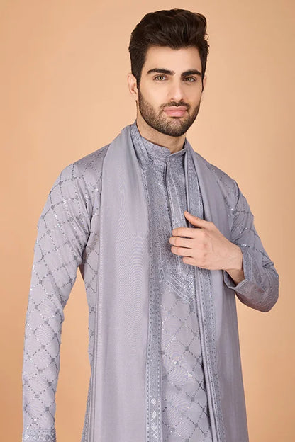 Designer Gray Silk Kurta For Men – Elegant Festive Wear