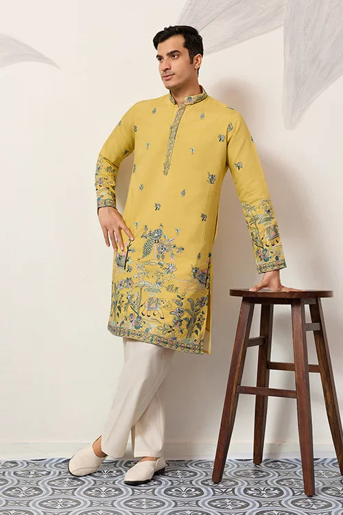 Elegant Haldi Yellow Mens Wear Kurta For Wedding Function