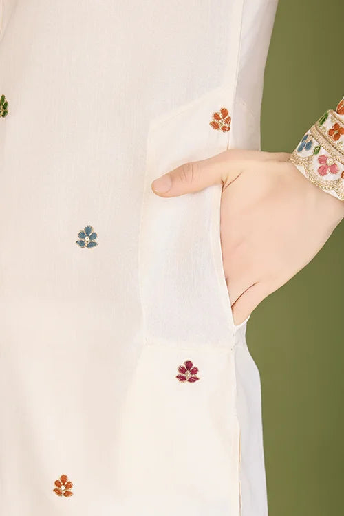 White Cotton Embroidered Sequins And Zari Work Kurta Men's Wear