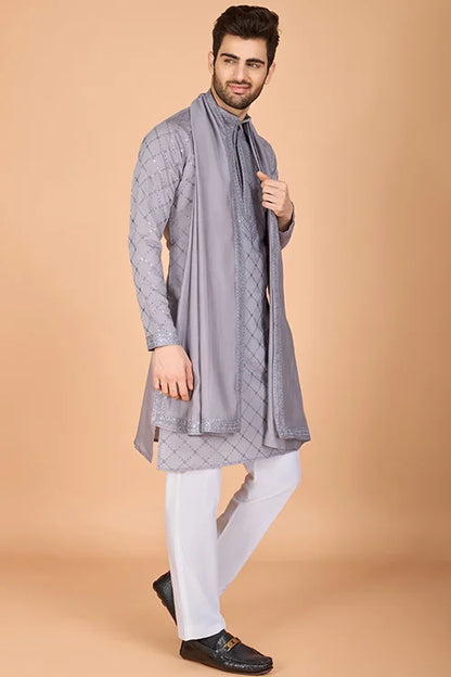 Designer Gray Silk Kurta For Men – Elegant Festive Wear
