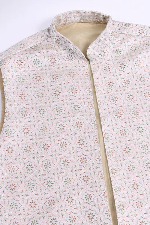 Ivory Roman Silk Kurta With Jacquard Open Koti Set