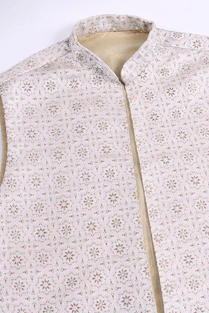 Ivory Roman Silk Kurta With Jacquard Open Koti Set