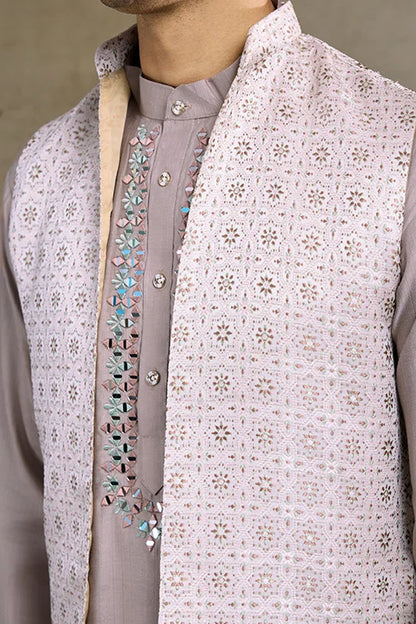 Ivory Roman Silk Kurta With Jacquard Open Koti Set