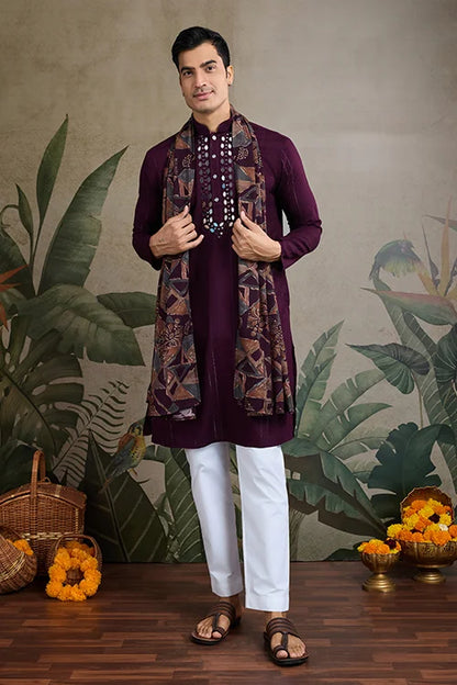 Purple Viscose Rayon Kurta With Jari & Mirror Work