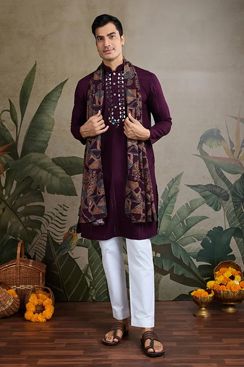 Purple Viscose Rayon Kurta With Jari & Mirror Work