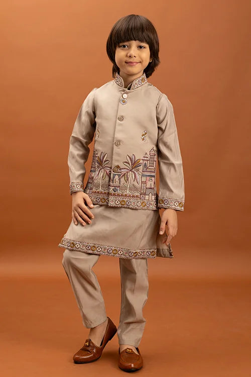 Designer Beige Koti Kurta Set for Kids 6-12 Year