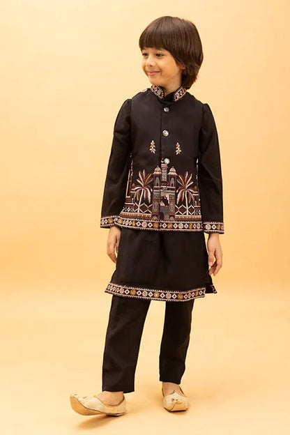 Premium Black Koti Kurta Set for Kids Boys 6-12 Years