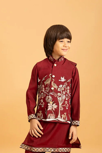 Kids Wedding Special Maroon Koti Kurta Set Outfit