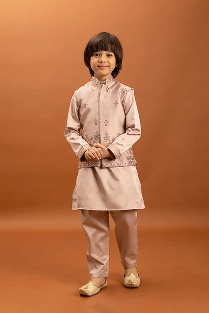 Wedding Special Peach Mirror Work Koti Kurta for Boys