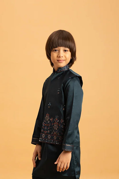 Dark Green Mirror Work Embroidered Koti Kurta for Kids Wear