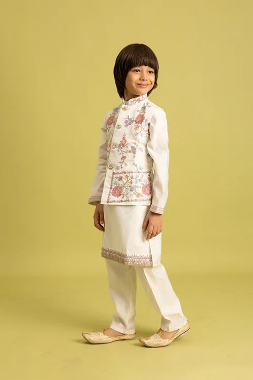 Traditional Wear White Koti Kurta Pajama for Boys Wear