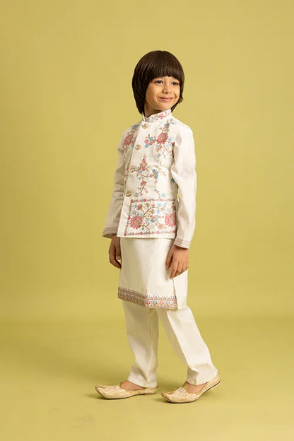 Traditional Wear White Koti Kurta Pajama for Boys Wear