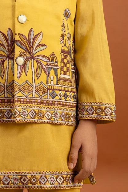 Designer Yellow Koti Kurta Set For Kids Wear