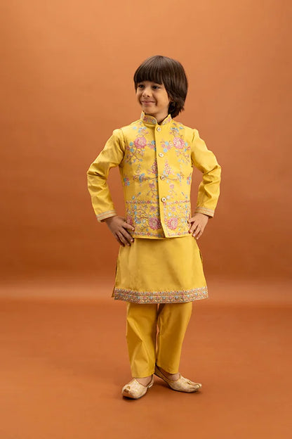 Haldi Celebration Kids Wear Yellow Kurta Pajama with Koti