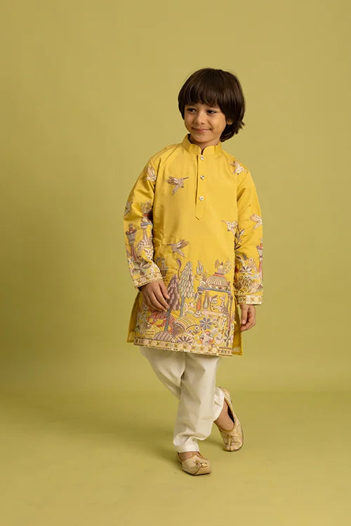 Vantara Style Yellow Kids Kurta Pajama Outfit