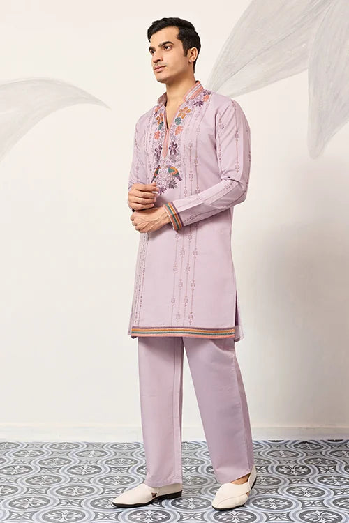 Royal Look Lavender V Neck Kurta Pant For Mens Wear