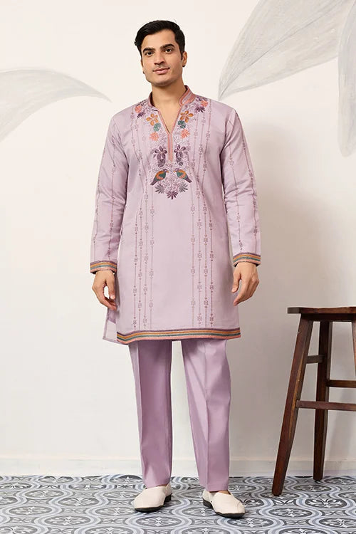 Royal Look Lavender V Neck Kurta Pant For Mens Wear