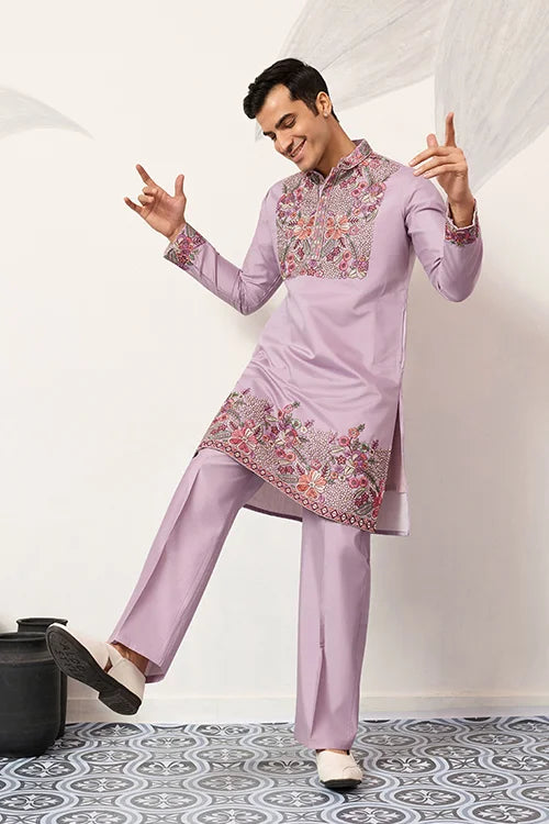 Lavender Kurta Pant Set For Traditional Mens Fashion