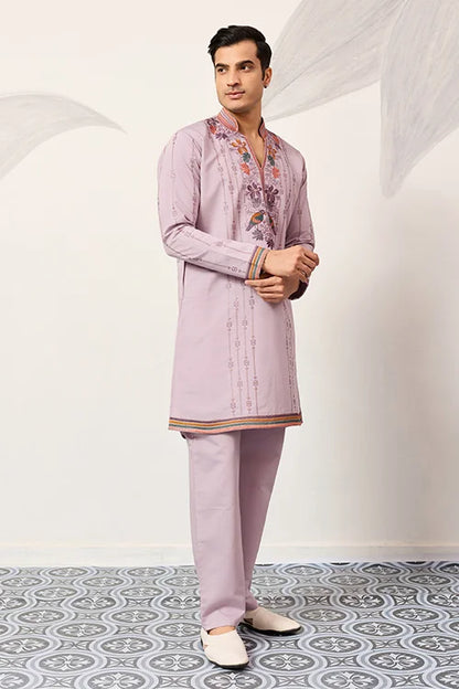 Royal Look Lavender V Neck Kurta Pant For Mens Wear