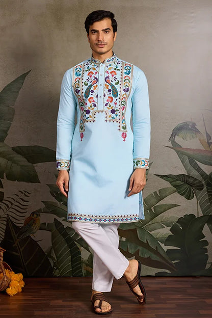 Premium Sky Blue Embroidered Mens Kurta For Celebrations