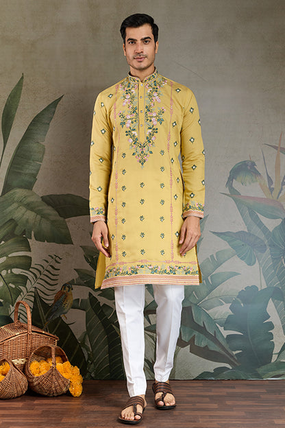 Embroidered Yellow Kurta For Men Wear