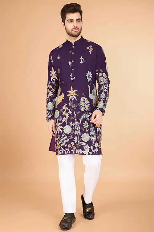 Traditional Embroidered Purple Viscose Rayon Kurta For Men