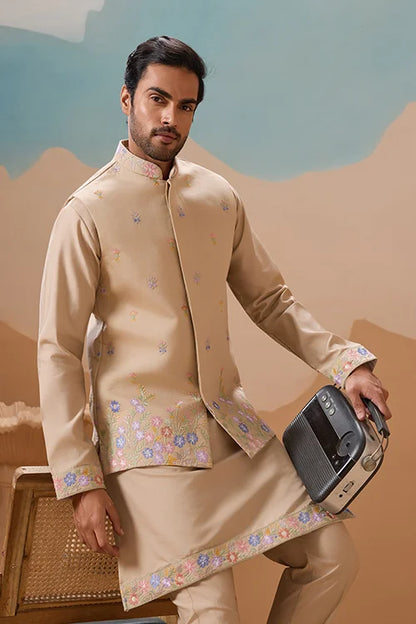 Celebration Beige Kurta Koti Pant Wedding Outfit for Men
