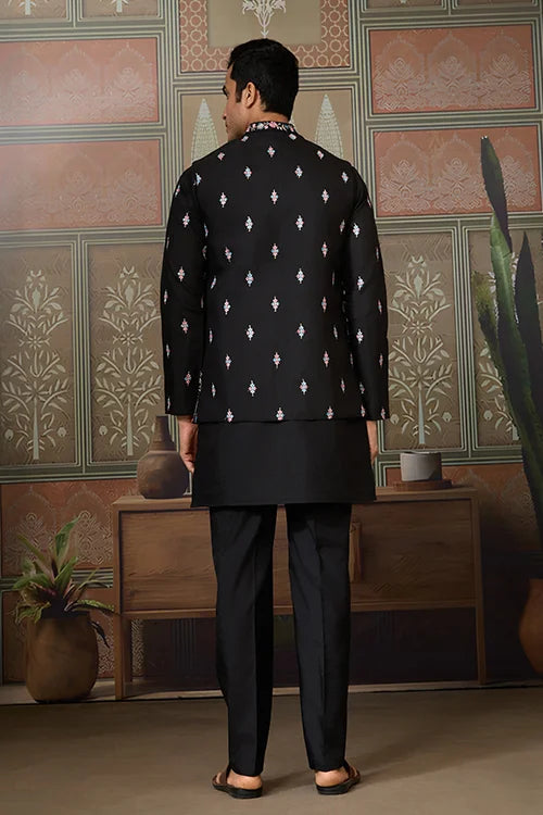 Black Mens Kurta with Stylish Koti for Wedding Wear