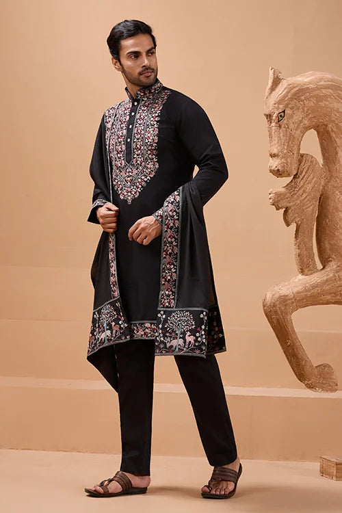 Luxury Wedding Look Black Kurta with Dupatta for Mens Wear