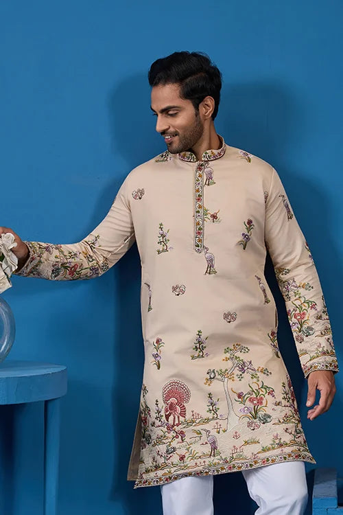 Perfect Festive Choice Beige Ethnic Kurta for Mens Wear