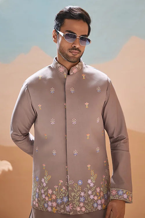 Elegant Grey Embroidered Koti Kurta Pant for Mens